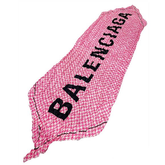 Balenciaga Accessories - BALENCIAGA Logo Print Silk Scarf with Pink Houndstooth Jacquard Print NWT